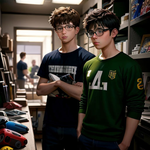 two boys standing in a room with a book shelf full of books and toys on the floor and a shelf full of books