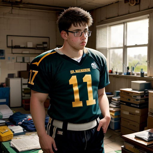 a young man in a green jersey standing in a room with boxes and boxes on the floor and a window