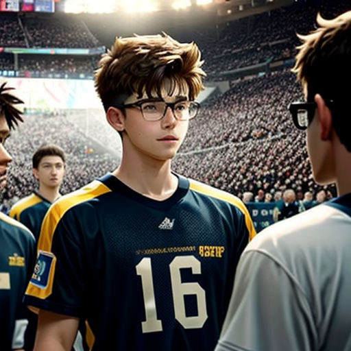 a group of young men standing next to each other in front of a crowd of people in a stadium