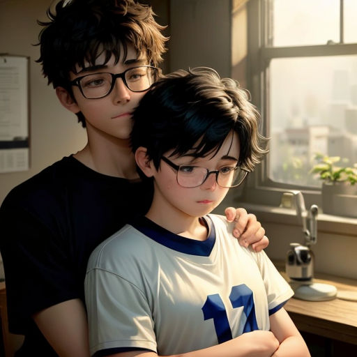 a boy and a girl are standing in front of a window with their arms around each other and looking at something
