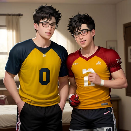 two young men standing next to each other in a bedroom with a bed and a window behind them, both wearing soccer uniforms