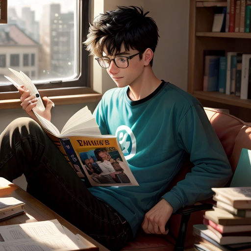a young man sitting on a couch reading a book and holding a pen and paper in his hand while looking at a magazine