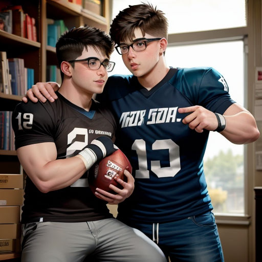 two young men in uniforms posing for a photo in a library with a football in hand and a bookcase in the background