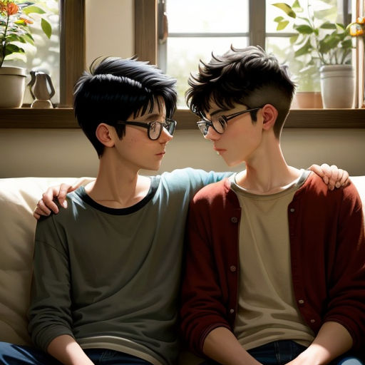 two young men sitting on a couch next to each other with their arms around each other, looking at each other