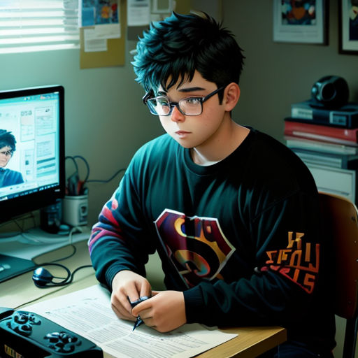 a boy sitting at a desk with a computer and a monitor in the background, writing on a piece of paper
