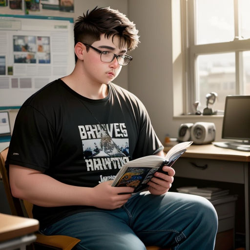 a young man sitting in a chair reading a book in front of a computer desk with a laptop on it