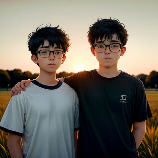 two boys standing in a field with the sun setting behind them and the grass in the foreground is green
