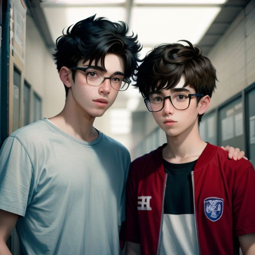 two boys standing next to each other in a hallway with lockers behind them and one boy with glasses on