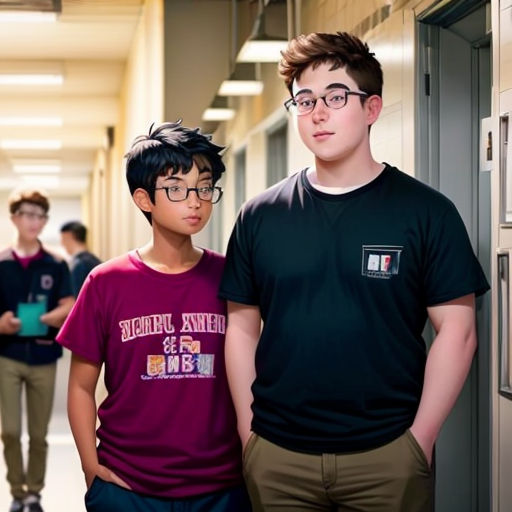 two boys standing next to each other in a hallway with lockers on the walls and a man in a black shirt