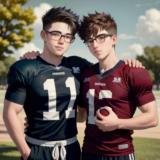 two young men standing next to each other in a field of grass and trees, one wearing a jersey and the other wearing a football jersey