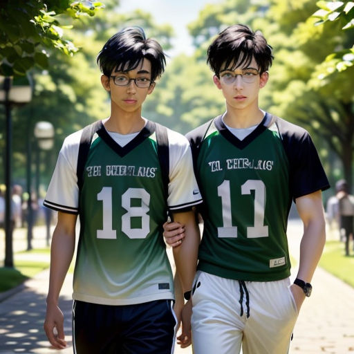 two young men in uniforms walking down a sidewalk together, one wearing glasses and the other wearing a jersey