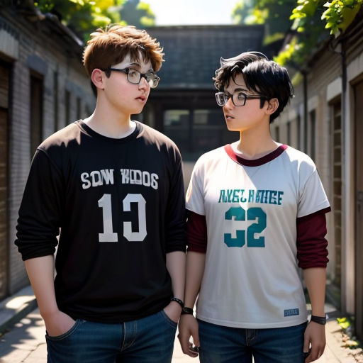 two young boys standing next to each other on a sidewalk in front of a building with a tree in the background