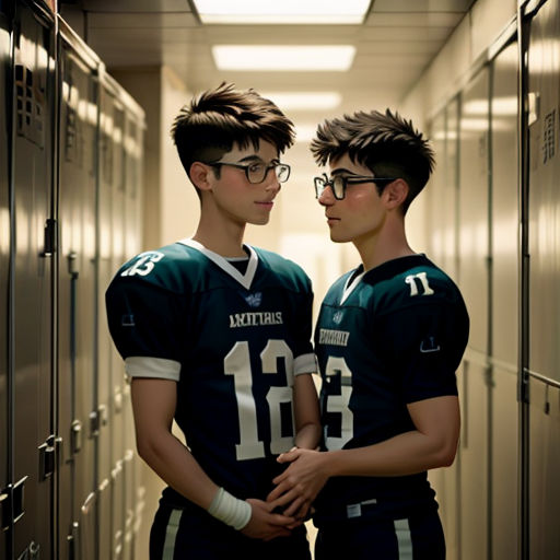 two young men standing in a hallway next to lockers wearing football uniforms and glasses, one wearing a jersey
