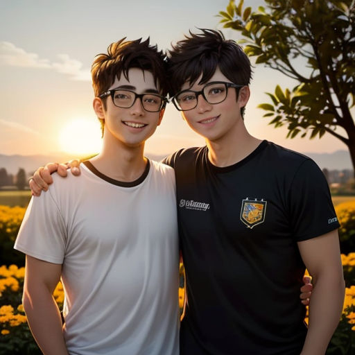 two young men standing next to each other in front of a field of flowers at sunset with the sun behind them
