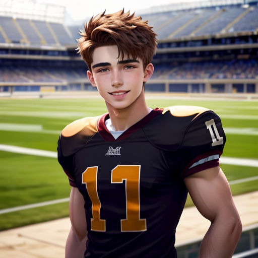 a young man in a football uniform standing in front of a stadium field with a stadium in the background