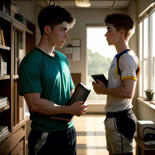 two boys standing in a room with a book in their hands and a book in their hand, looking at each other