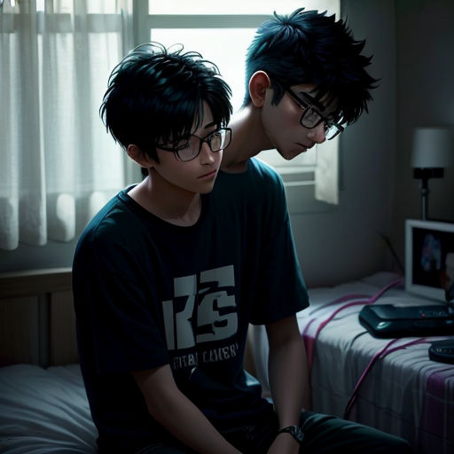 two young men sitting on a bed looking at a laptop computer screen in a bedroom with a window behind them
