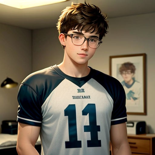 a young man wearing glasses and a jersey in a bedroom with a bed and a desk in the background