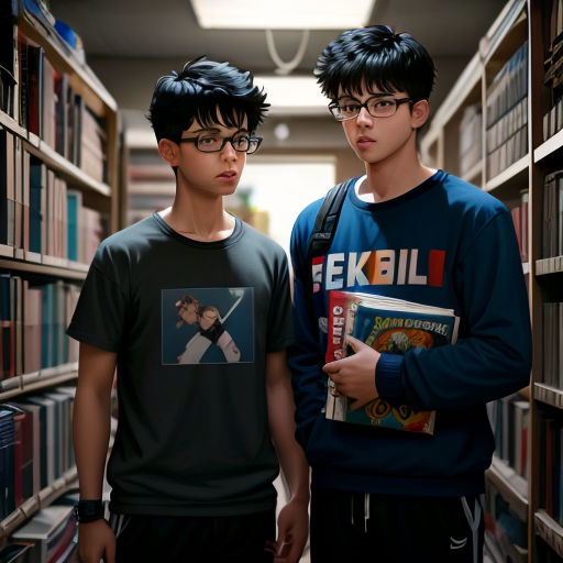 two boys standing in a library with books on the shelves and looking at the camera with a book in hand