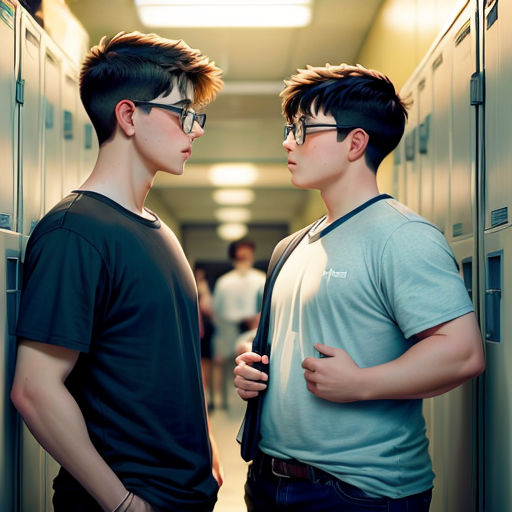 two boys standing in a hallway with lockers in the background and one boy with glasses on his head