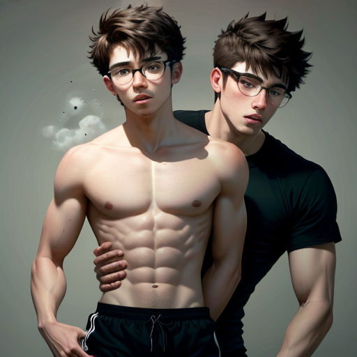 two men with glasses are posing for a picture together, one is shirtless and the other is without