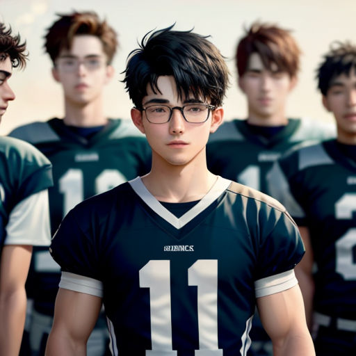 a group of young men standing next to each other wearing football uniforms and glasses on a field of grass