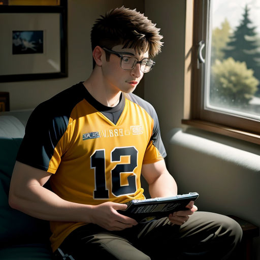 a young man sitting on a couch holding a tablet computer in his hands and looking out a window with a pine tree outside
