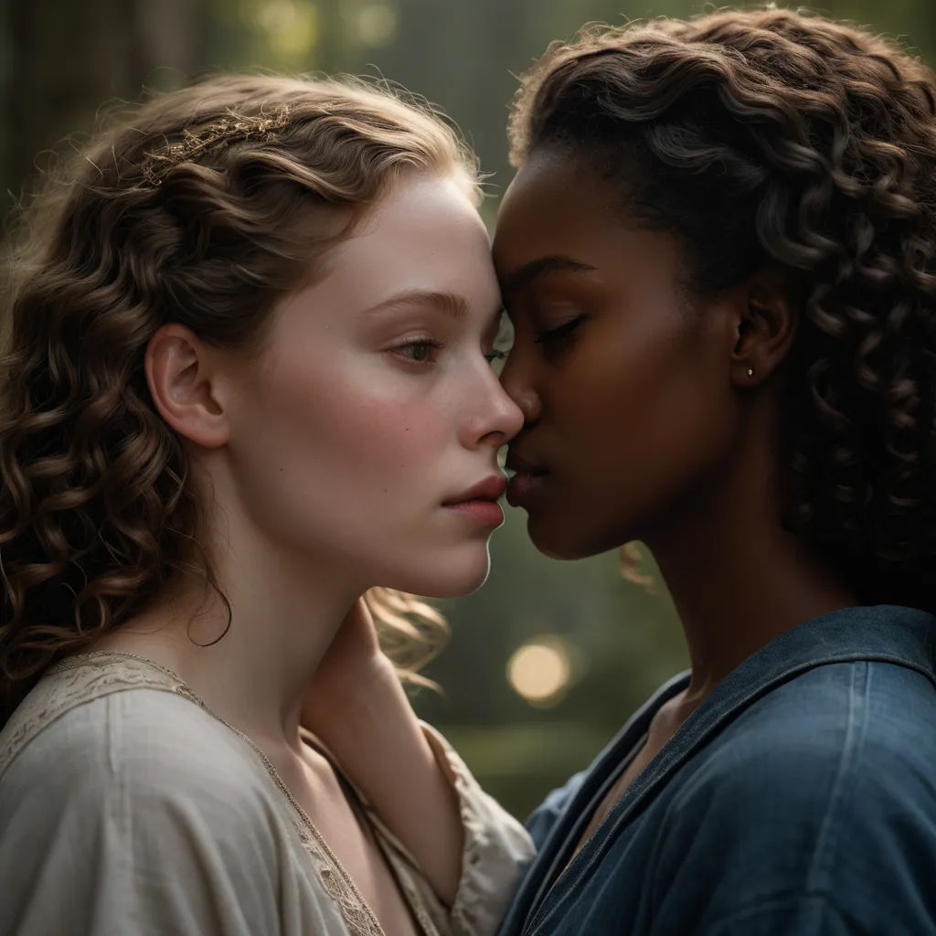 two women are kissing each other in a forest setting with lights in the background and a tree in the foreground, neo-romanticism, a poster, Bálint Kiss, soft focus