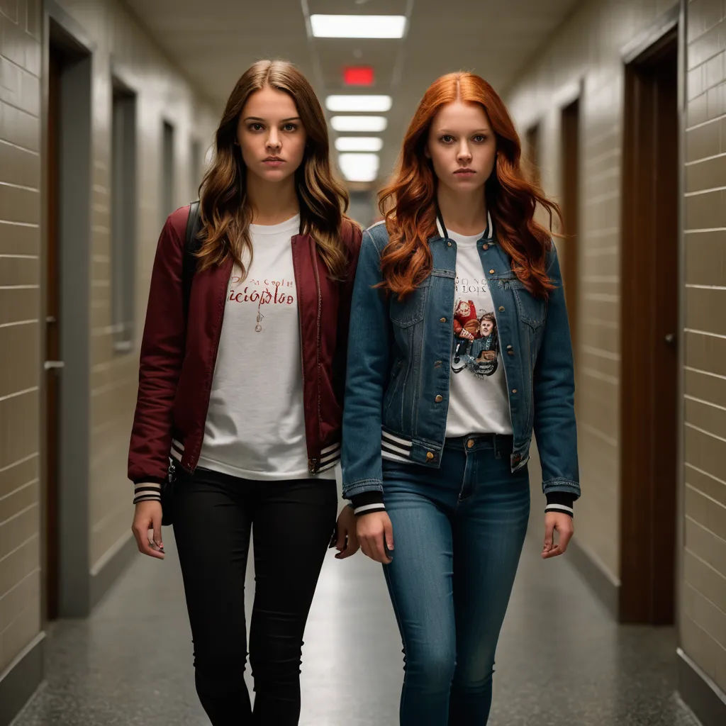 two girls walking down a hallway together in a hallway with a light on the ceiling and a red light on the wall, vancouver school, a poster, Barbara Greg, promotional image