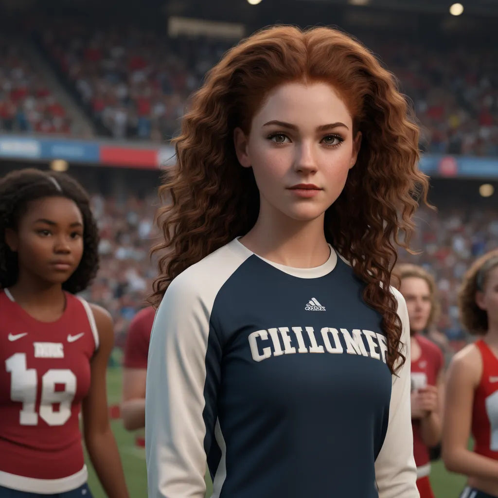 a girl in a uniform stands in front of a group of other girls in a stadium with a crowd of people, photorealism, computer graphics, Constance Gordon-Cumming, ultra realistic faces