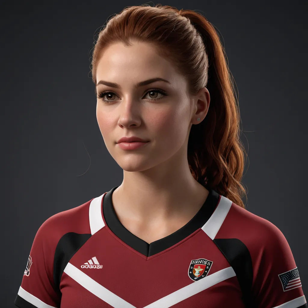 a woman with a ponytail is wearing a red and black uniform and a ponytail is looking at the camera, photorealism, a computer rendering, Barbara Greg, unreal render