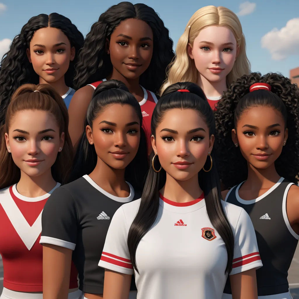 a group of young women standing next to each other in front of a building with a sky background and clouds, photorealism, a raytraced image, disney, ultra realistic faces