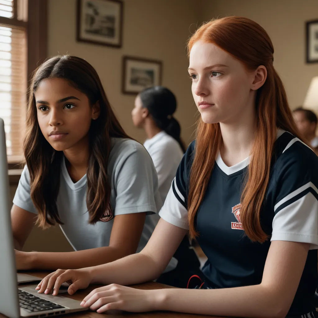 two girls sitting at a table with a laptop computer in front of them, both looking at the screen, northwest school, a renaissance painting, Elinor Proby Adams, promotional image