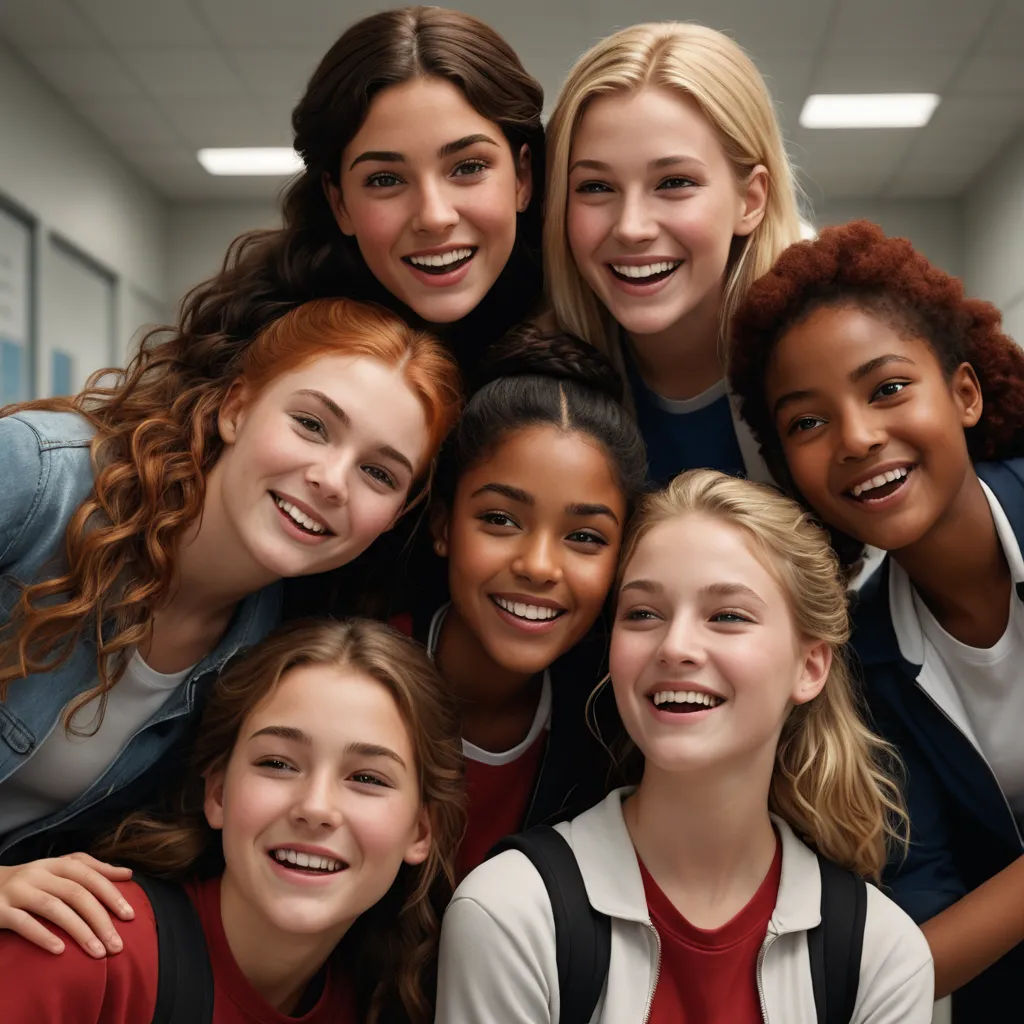 a group of young women standing next to each other in a room with a white ceiling and a white wall, paris school, a stock photo, Elinor Proby Adams, promotional image