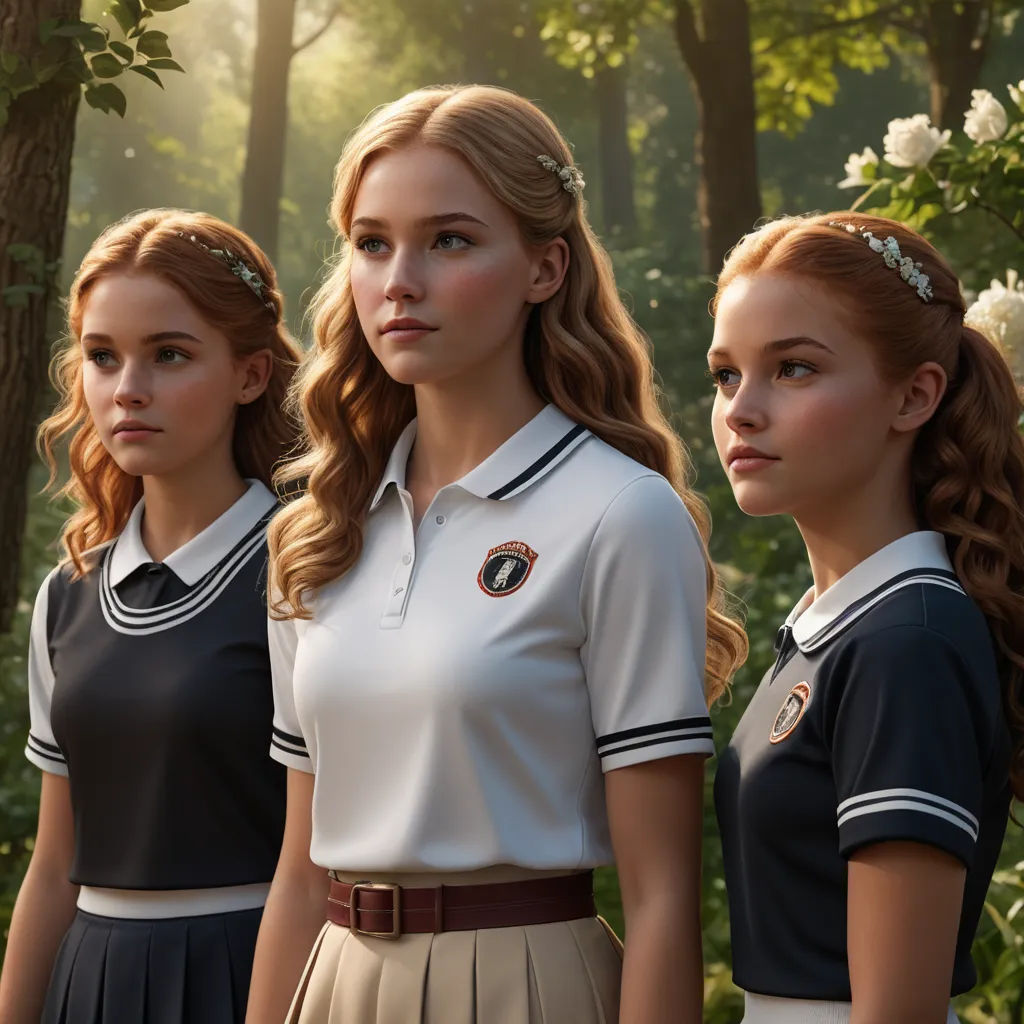 three girls in school uniforms standing in a forest with trees and flowers in the background, one of them is wearing a flower in her hair, aestheticism, a detailed matte painting, Caroline Lucy Scott, movie still