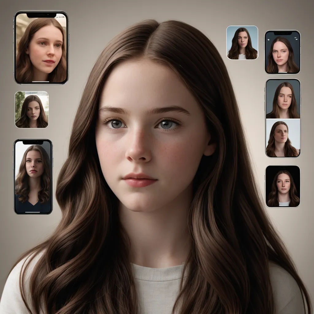 a woman with many different facial expressions on her face and a wall of portraits of her own faces behind her, photorealism, concept art, Brad Kunkle, vfx
