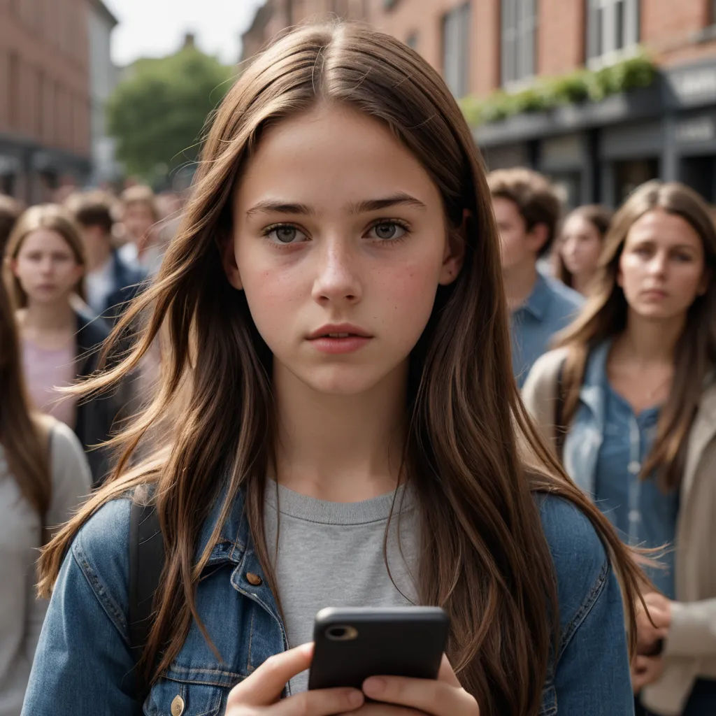 a girl looking at her cell phone while standing in a crowd of people on a street corner in the city, symbolism, a stock photo, Ejler Bille, movie still