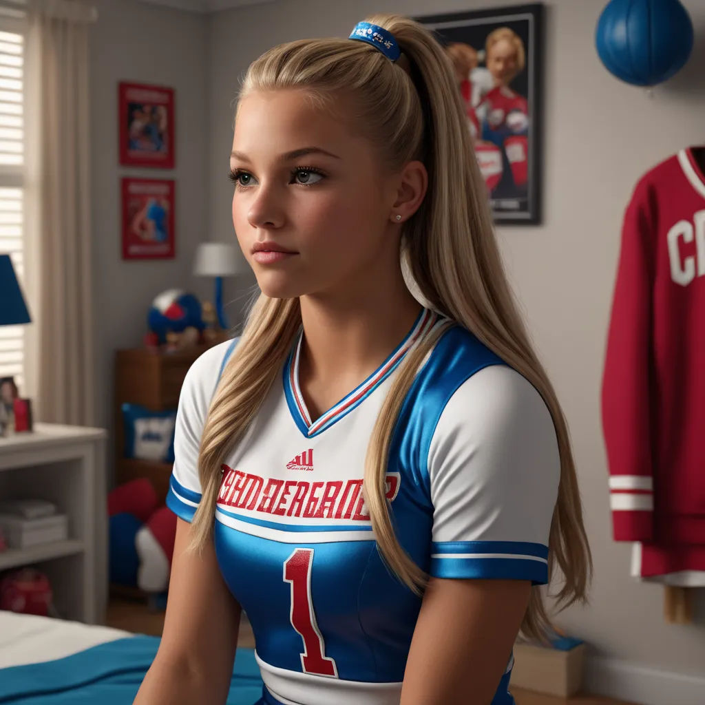 a girl in a cheerleader uniform sitting in a bedroom with a basketball jersey on the wall behind her, photorealism, a hyperrealistic painting, Brigette Barrager, promotional image