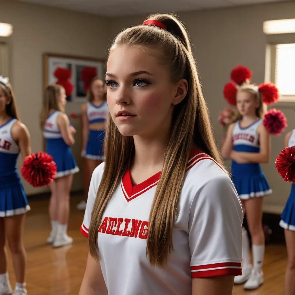a girl in a cheerleader uniform standing in a room with other cheerleaders in the background and a mirror behind her, kitsch movement, a character portrait, Claire Falkenstein, promotional image