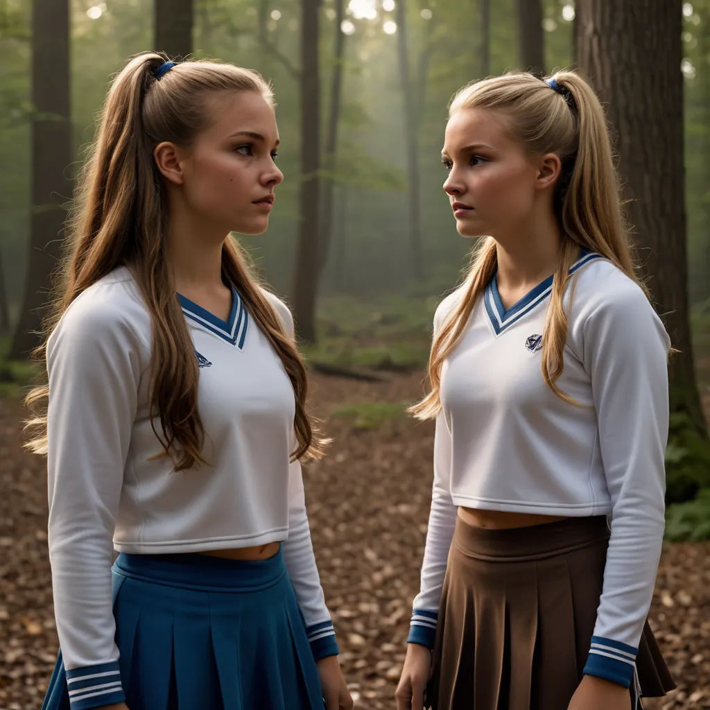 two girls standing in a forest talking to each other with trees in the background and leaves on the ground, kitsch movement, a character portrait, Caspar Wolf, promotional image