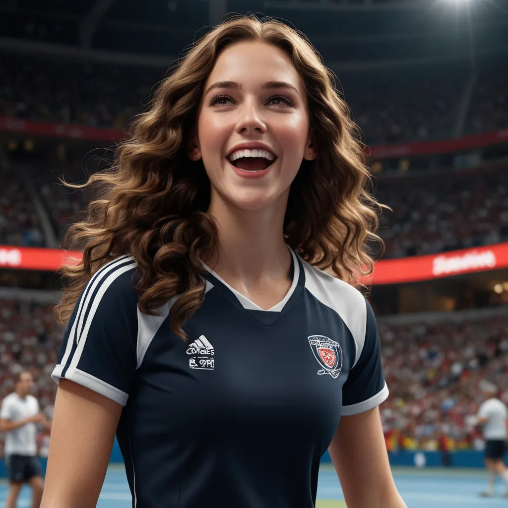 a woman is smiling while standing in a stadium with a tennis ball in her hand and a ball in her other hand, photorealism, a digital rendering, Elina Karimova, for aaa game