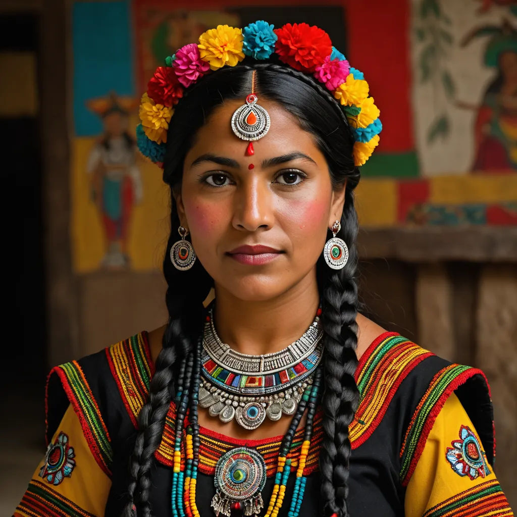 a woman with a colorful head piece and braids on her head and a colorful necklace on her neck, folk art, a portrait, Ella Guru, maya