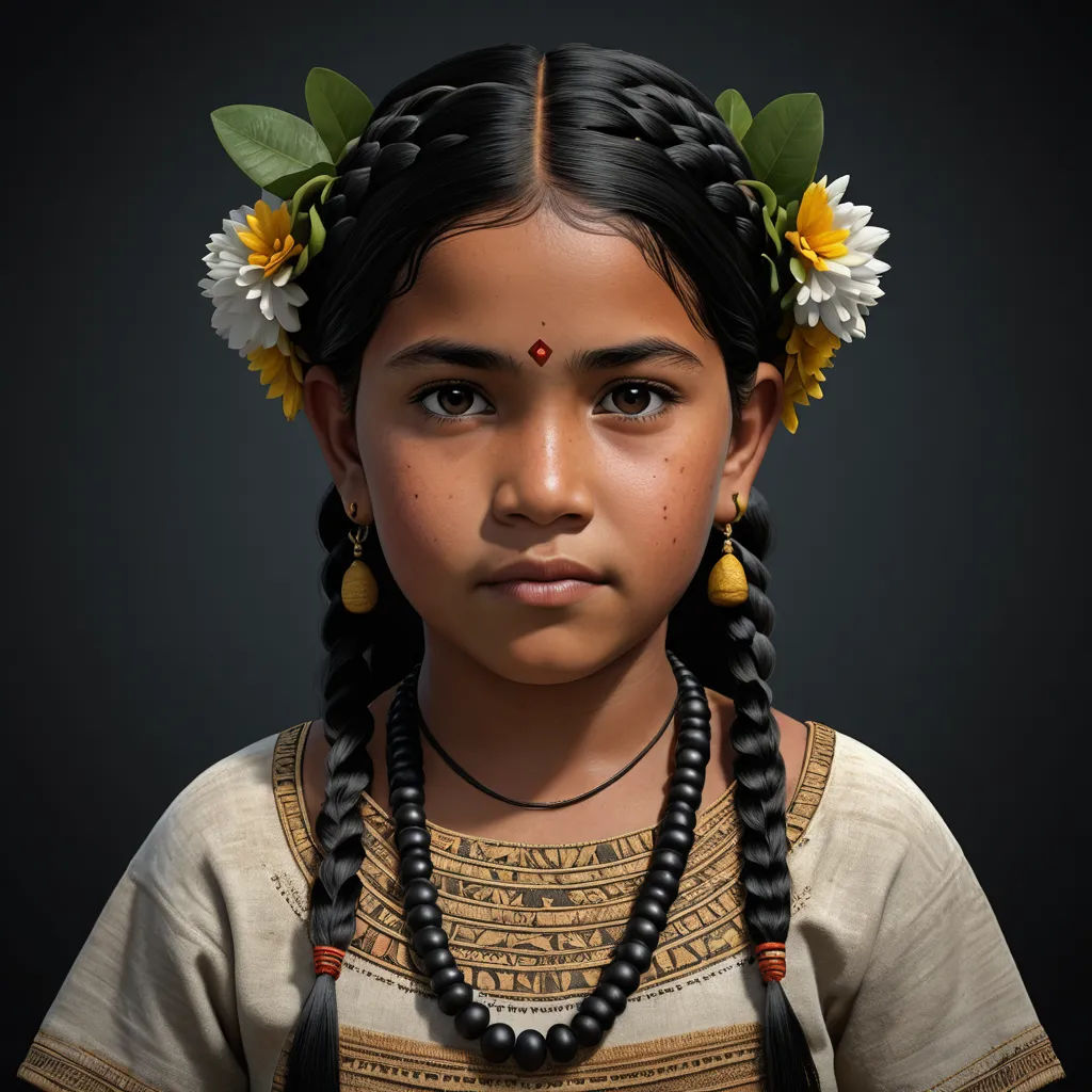 a young girl with a flower in her hair and a necklace on her neck and a flower in her hair, photorealism, a character portrait, Ella Guru, maya