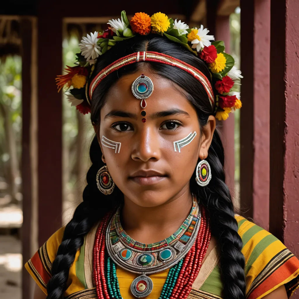 a young girl with a painted face and braids on her head and a flower in her hair and a flower in her hair, bengal school of art, a portrait, Ella Guru, maya