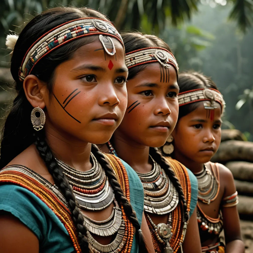three young indian girls with painted faces and headdress, standing in a line, with palm trees in the background, sumatraism, a detailed matte painting, Ella Guru, award-winning photograph