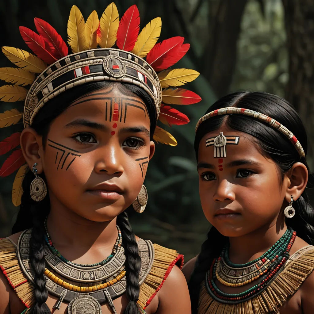 two young girls dressed in native american clothing and headdress, standing next to each other, with trees in the background, photorealism, a photorealistic painting, Art Brenner, highly detailed digital painting