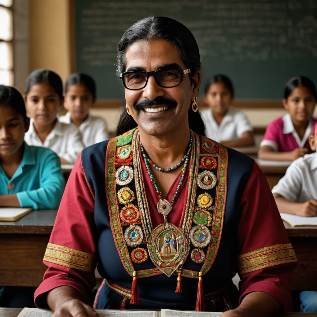 a woman in a red shirt and glasses sitting in front of a group of children in a classroom with a blackboard, bengal school of art, a character portrait, Bholekar Srihari, jayison devadas