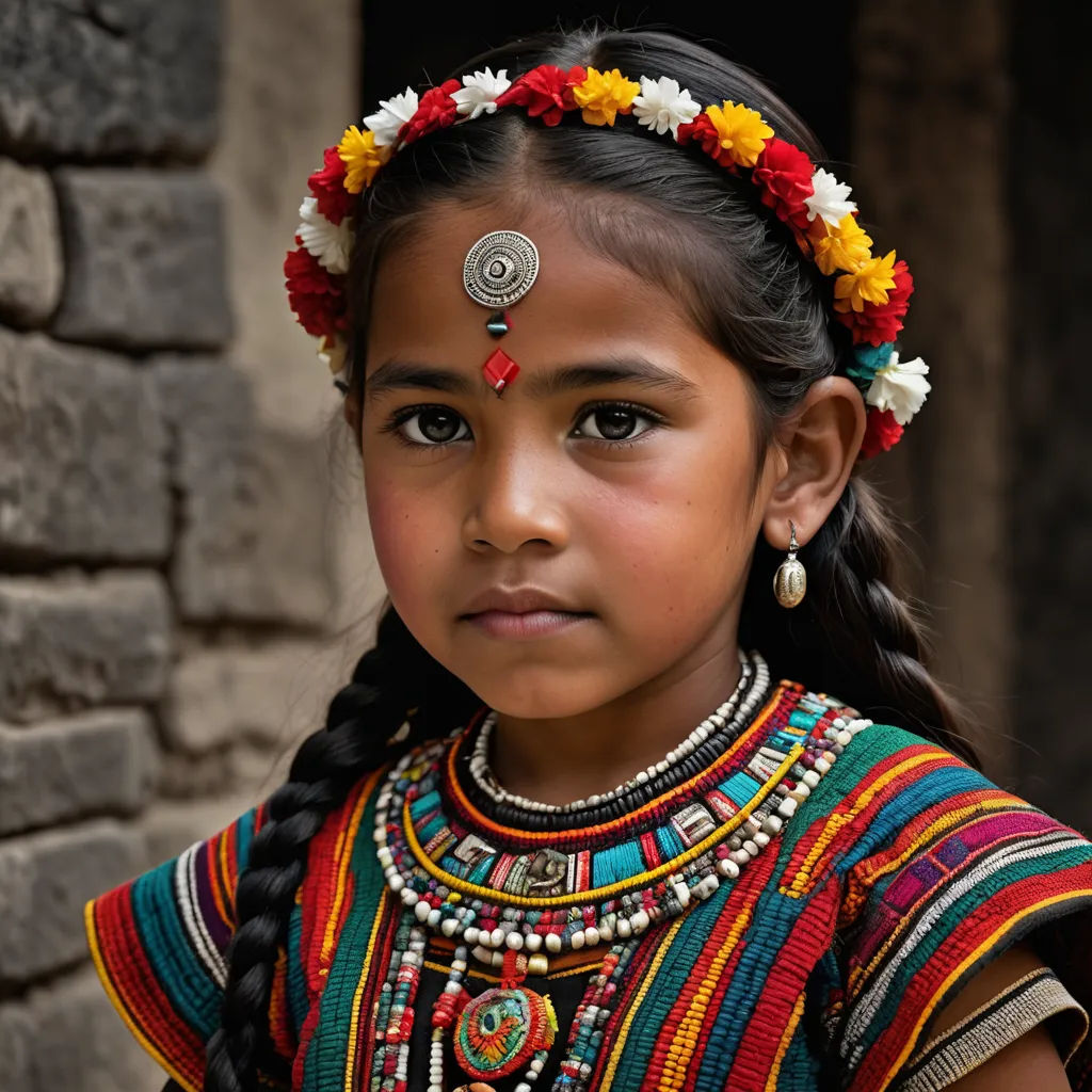 a young girl with a braid and a flower in her hair wearing a colorful dress and jewelry with a brick wall behind her, samikshavad, a portrait, Ella Guru, portrait photography