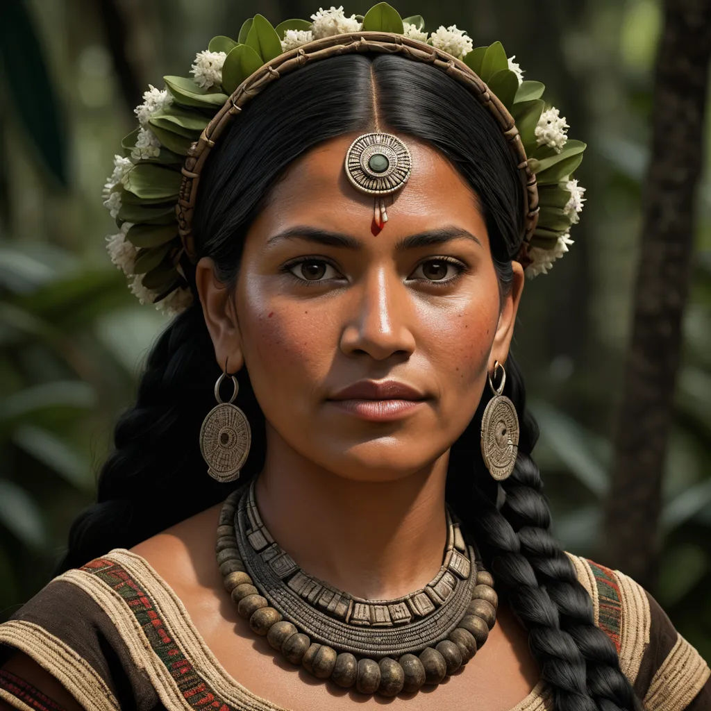a woman with a braid and a flower in her hair wearing a head piece and earrings with a green leaf on her forehead, photorealism, a character portrait, Ella Guru, maya
