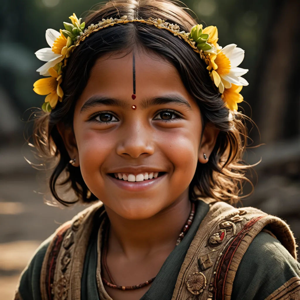 a young girl with a flower in her hair smiling for the camera with a smile on her face and a smile on her face, samikshavad, a stock photo, Ella Guru, portrait photography